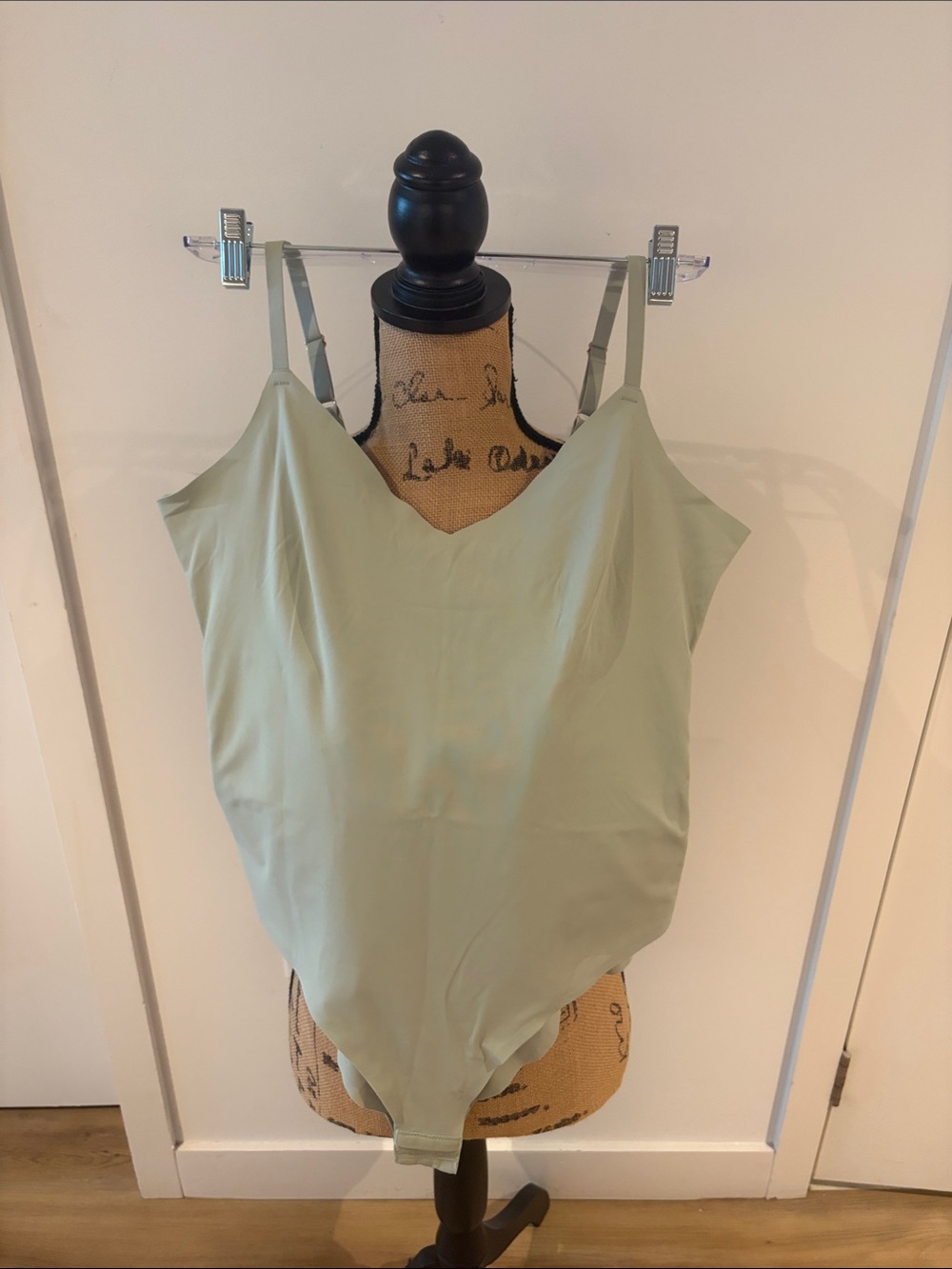 Pinsy Sage Green V-Neck Satin Cami Bodysuit